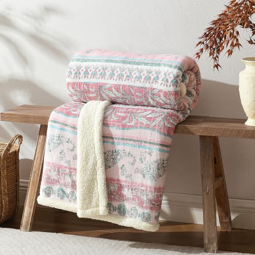 Boho Chic Sherpa Fleece Throw Blanket with Ultra-Soft Cozy Lining,Bohemian Patterned Throws for Sofa,Couch,Bed - color: Boho-pastel Pink, size: 50" x 60"