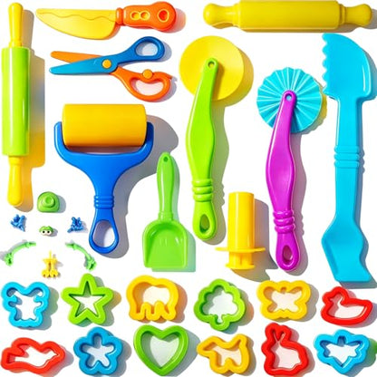 Dough and Clay Play Tools Kit for Kids, Modeling Clay Accessories for Toddlers, Animal Cutters with DIY Rollers & Safety Scissors, Dough Extruder Easy Squeeze for Kids, Ideal Home Play & Baking Set - size: 31pcs