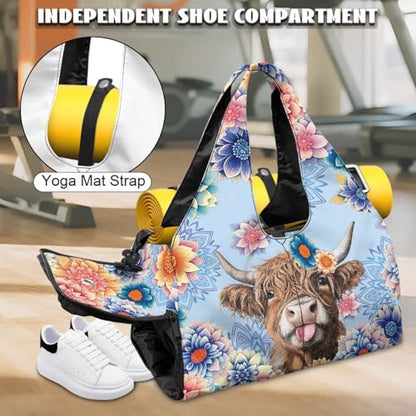 Yoga Mat Bag for Men Women Canvas Yoga Mat Carrier Take In Out Mat Easily for Beach Swim Bags Pool Sports Gym - color: Highland Cattle