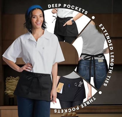 Avalon Kitchen Server Aprons with 3 Pockets – 100% Polyester Waist Apron, 24x12 Inch Half Apron, Waitress Apron for Servers - color: Black, style: Pack of 4