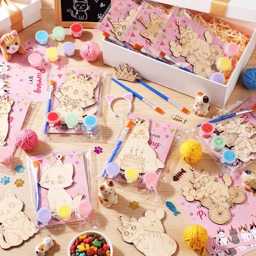 Saypacck 24 Pcs Cat Party Favors Wooden Paint Craft Kits | Cute Cat Designs, Includes Paints Brush Bag, For Girls Cowgirl Theme Goodie Bag Fillers, DIY Thank You Gifts - style: Cat