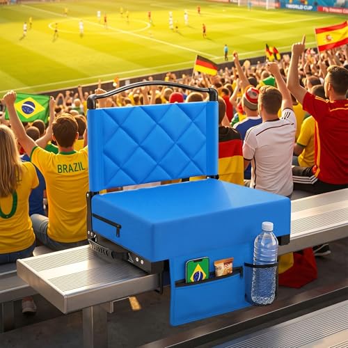 Stadium Seats with Back Support and Cushion Thick Padded Bleacher Chairs with Shoulder Strap, Portable Folding Stadium Seat Chairs for Bleacher Includes Cup Holder and Side Pocket, Blue - color: Blue-1, size: 1pcs