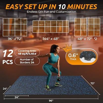 PRAISUN 0.6" Thicker Rubber Top 48 Sq Ft Gym Flooring for Home Gym | 12 Pcs Workout Mat, Exercise Mat, Interlocking Rubber Floor Mats with High Density EVA Foam for Garage, 24 x 24in, Black/Blue - size: 12 Tiles (48 Sq Ft)