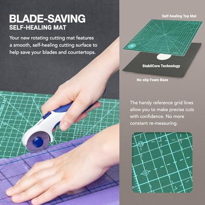 Rotating Self Healing Cutting Mat 8x8 (7" Grid), for Quilting | Great for Scrapbooking, Quilting and Paper Crafts. Smooth, Non-detachable Rotation, Warp-Proof & Odorless, EN 71-3 Certified.