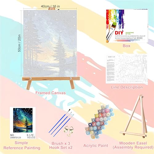 Starry Sky Paint by Numbers for Adults with Framed Canvas - Wooden Easel | Landscape Paint by Number on Canvas, DIY Oil Painting Kits with Brushes Nice Gift Box for Home Wall Decor (16x20 inch) - color: DKMT0129, size: 16*20inch