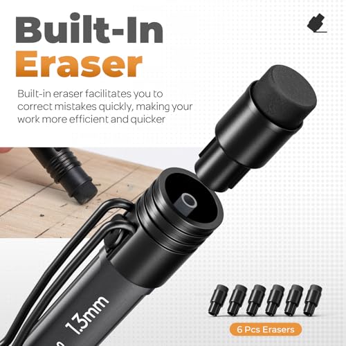 Nicpro 1.3 mm Mechanical Pencils Set, HD1000 1.3 Lead Pencil, 1Pcs Black | 25 Refill, 3 Eraser -Weatherproof Barrel Pencil, Heavy Duty Carpenter Pencil for Outdoor Marking Drafting Drawing Woodworking - color: Black, size: 1 Pack