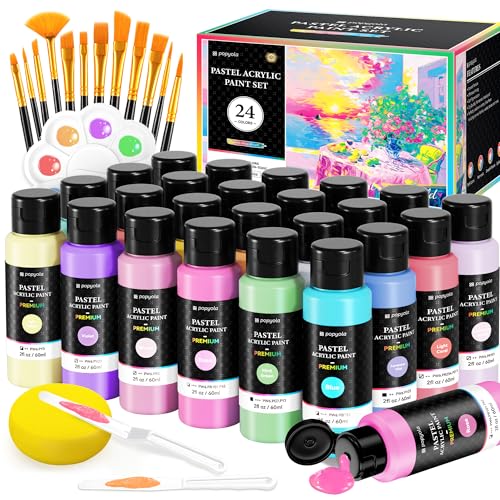 40 PCS Pastel Acrylic Paint Set, 24 Colors (2oz/60ml) Art Craft Paint | with 12 Brushes, 2 Knives & Palette, Paint for Adults Artists Beginners, Canvas Ceramic Rocks Wood Painting Kit Art Supplies - color: Pastel Colors, size: 2 Fl Oz (Pack of 24)