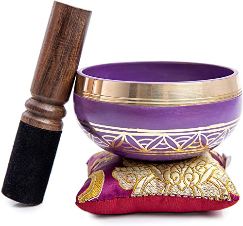 Tibetan Singing Bowl Set - Authentic Handcrafted Mindfulness Meditation Holistic Sound 7 Chakra Healing Gift by Himalayan Bazaar (Purple-Magenta) - color: Magenta Purple
