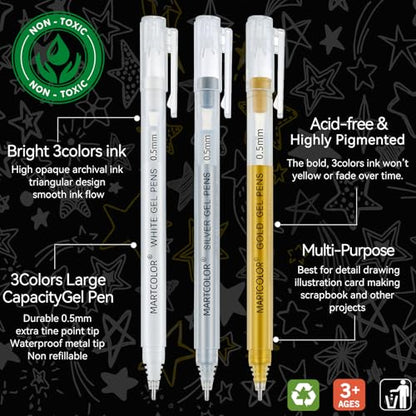 MARTCOLOR Gold Silver White Gel Pens, 3 Pack 0.5mm Fine Point Gel ink Pens | Opaque Archival Ink Pen for Black Paper Drawing, Art Highlight, Illustration, Bullet Journaling, Card Making & DIY Projects - style: Gold Silver White - 0.5mm
