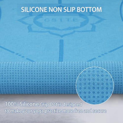 CSITE Yoga Mat Towel with Silicone Grip Dots & Rectangular Wrap Design, Non Slip Hot Yoga Mat Towel with Alignment Line + 1pc Hand Towel, 72” x 24”, Dark Blue