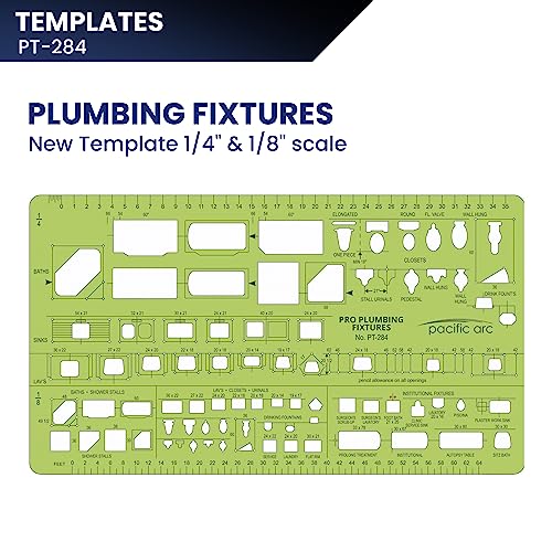 Pacific Arc, Plumbing Fixtures Template, 1/4 & 1/8 Scale. Drawing aid Stencil for Professional or School Work. Size 3.5 x 6 inch. - style: Plumbing Fixtures 1/4& 1/8 scale