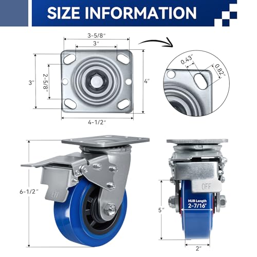 5'' X 2'' Caster, Heavy Duty Caster Wheel with Brake, Polyurethane on Polyolefin Core with Roller Bearing, Load 800lbs per Industrial Casters (1 Total Lock Brake) - style: 1 Total Lock Brake