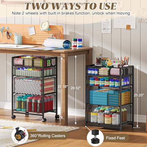 4-Tier Rolling Utility Cart with 3 Drawers, Craft Organizer and Storage with DIY Divider, Art-Craft Supplies with Caster Wheels, Multi-Functional Storage For Classroom, Office, Paints, Artifacts - color: Black, size: 3 Drawers（27.16H）