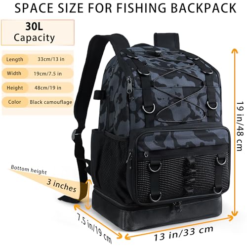 Fishing Backpack with Rod Holder, Heavy Duty Fishing Bag with Waterproof Bottom, Tackle Backpack Gifts for Man Woman-Black Camo - color: Black Camo