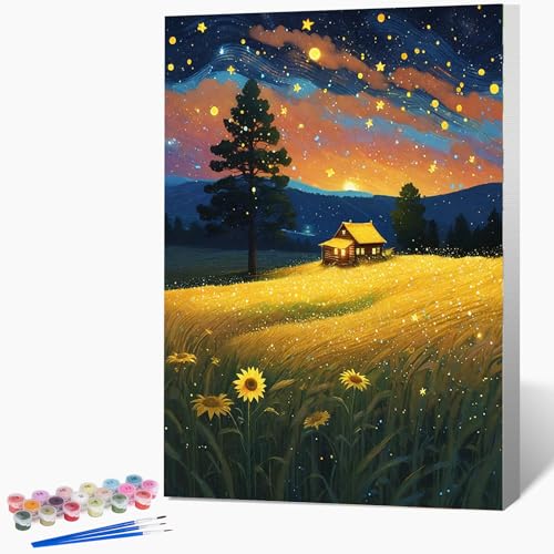 Framed Paint by Numbers Kit for Adults Beginner, Starry Night Easy Adult Paint by Number Kits on Canvas, DIY Acrylic Watercolor Landscape Oil Paint by Number for Adults for Home Decor Gift 8x12 Inch - color: DG-OP-F-StarrySkyField-2030