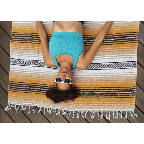 Open Road Goods Multi Color Mexican Falsa Blanket - Handwoven in Mexico - Great for The Beach, Picnics, Yoga, or a Throw! (Tan/Yellow) - color: Tan/Yellow