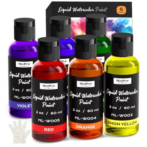 Nicpro 6 Colors Liquid Watercolor Paint Set, 2 oz Concentrated Water Color | Paints for Kids & Adults, Non-Toxic Classroom Art Supplies for School, Home, Crafts, Slime, Glue, Clay, Party Activities - color: 6 Colors, size: 2 Fl Oz (Pack of 6)