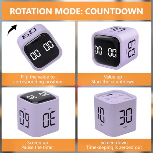 GuDoQi Multi-Function Cube Timer, 5/10/30/60 Min & Custom Count Down, Included Pause & Resume Feature, Silent, Vibrate & Adjustable Sound Alarm for Productivity in Tasks, Study & Kitchen, Purple - color: Purple
