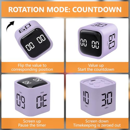 GuDoQi Multi-Function Cube Timer, 5/10/30/60 Min & Custom Count Down, Included Pause & Resume Feature, Silent, Vibrate & Adjustable Sound Alarm for Productivity in Tasks, Study & Kitchen, Purple - color: Purple