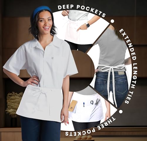 Avalon Kitchen Server Aprons with 3 Pockets – 100% Polyester Waist Apron, 24x12 Inch Half Apron, Waitress Apron for Servers - color: White, style: Pack of 1