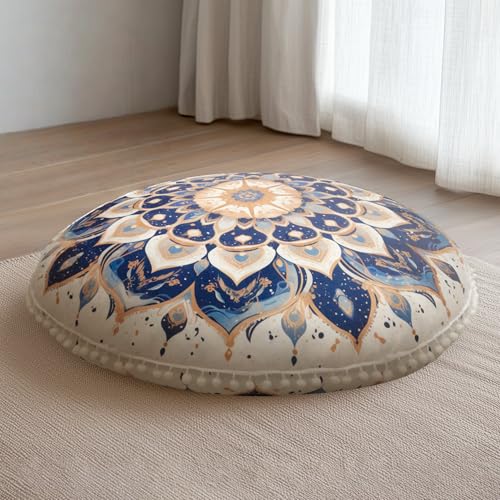 Meditation Cushion 32 Inch Round, Large Floor Pillow Seating for Adults, Bohemian Mandala Yoga Cushion, Extra Thick Memory Foam Removable Washable Cover, Ideal Gift & Holiday Decor, Blue - color: Blue