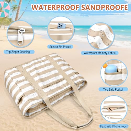 Extra Large Beach Bags for Women, Waterproof Sandproof Beach Tote Bag Foldable Swim Pool Bag with Zipper and Wet Pocket - color: Khaki White