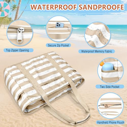 Extra Large Beach Bags for Women, Waterproof Sandproof Beach Tote Bag Foldable Swim Pool Bag with Zipper and Wet Pocket - color: Khaki White