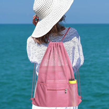 NATURAL STYLE Mesh Drawstring Backpack Bag, Gym Sports Bag with Zipper Pocket Bottle Holder, String Beach Bag for Swiming Travel (Pink) - color: Pink