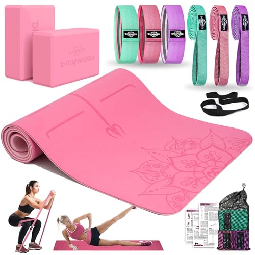 DICYWUDI Yoga Mat Thick, 6 Fabric Resistance Bands, 2 Pack Yoga Blocks, Home Workout Equipment Essentials Starter Kit for Beginners Full Body Toning - color: Pink