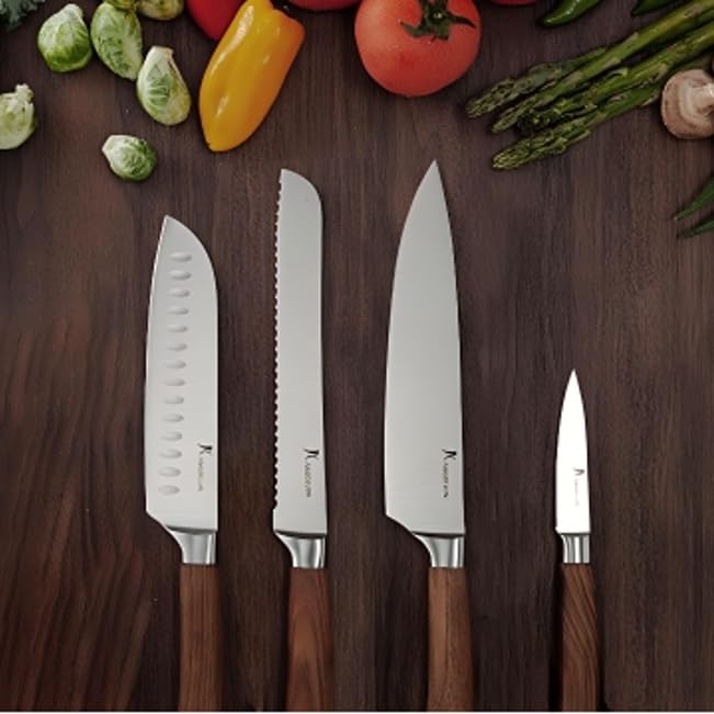 kangdelun Ultra Sharp 4-Piece Chef Knife Set, 50Cr15MoV High-Carbon Stainless Steel, Torrefied Brown Ash Wood Handles, Magnetic Gift Box