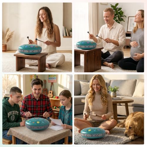 Steel Tongue Drum, Rain Drum for Outside Garden, Waterproof Meditation Rain Chime, UV-Printed Notes & Geometric Design, with Bag, Mallets & Music Book (Malachite Green, 6.5 Inch 13 Notes) - color: Malachite Green