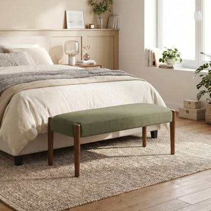 Usaint 42" End of Bed Bench with Wood Legs, Dark Green with Walnut Leg - color: Dark Green With Walnut Leg