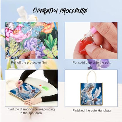 JZHYOAN Diamond Painting Canvas Tote Bags, DIY Diomand Art Tote Bags Kits for Adults, Reusable Grocery Shopping Hand Storage Bag with Handles, Portable Book Storage for Family School Woman Man