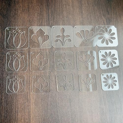 NUO RUI Mandala Stencil Set, 15 Piece Clear Acrylic, 5 Assorted Designs in 3 Sizes, Reusable and Washable, with Metal Ring, for Dot Art and Painting