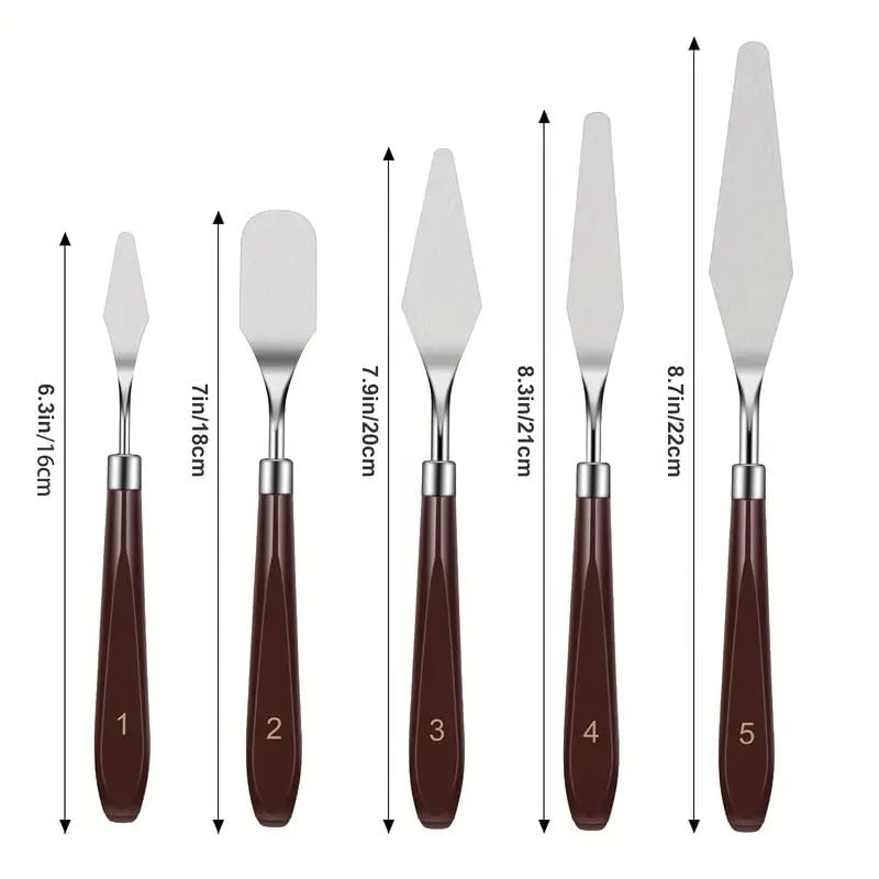 FUPUALL 5 Pieces Painting Knives Stainless Steel Spatula Palette Knife Oil Painting Accessories Color Mixing Set for Oil, Canvas, Acrylic Painting - color: Brown2