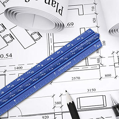 12" Architectural Scale Ruler Aluminum Architect Scale Ruler, Blue | Triangular Scale Ruler for Architects, Draftsman, Students and Engineers - color: Blue