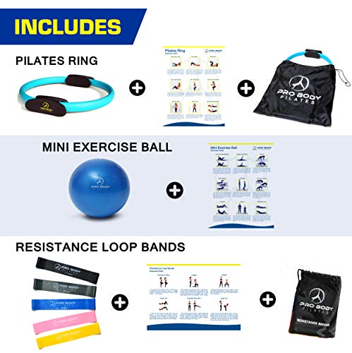 ProBody Pilates Home Workout Bundle (3pcs) - 14" Magic Circle, 9" Mini Exercise Ball and 5 Resistance Bands Bundle for Stability, Barre, Yoga, Core Training and Physical Therapy