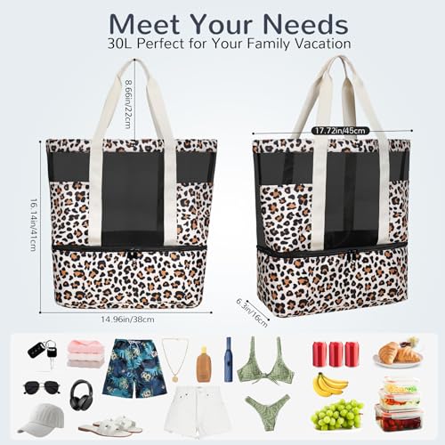 Mesh Tote Beach Bag with Leakproof Wet Compartment - color: Leopard Print