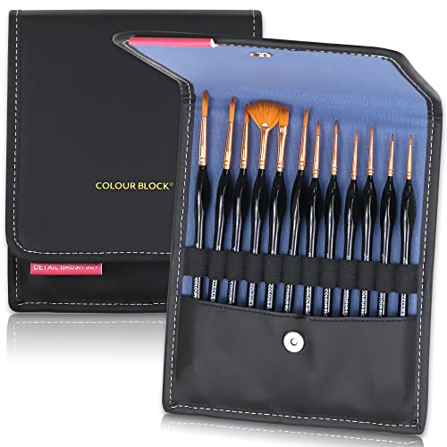 COLOUR BLOCK 12PC Artist Paint Brush Set in Leather Case for Easy Storage, Detail Paint Brushes kit, Miniature Art Set, Craft Supplies for Acrylic, Watercolor, Gouache and Model Painting