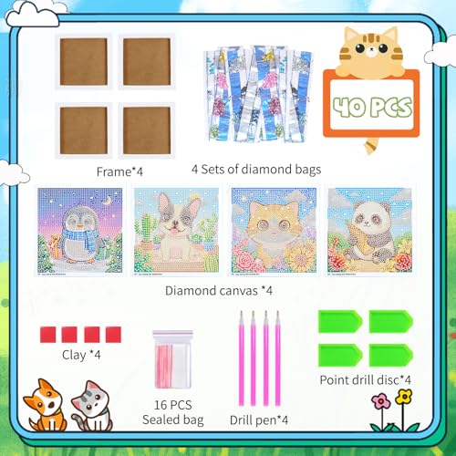 40pcs 5D Cartoon Diamond Painting Kits for Beginners, 6.7 x 6.7 In Cute Animal Diy Diamond Penguin Panda Arts and Crafts for Animal Party Decorations Party Favors Bag Fillers Supplies