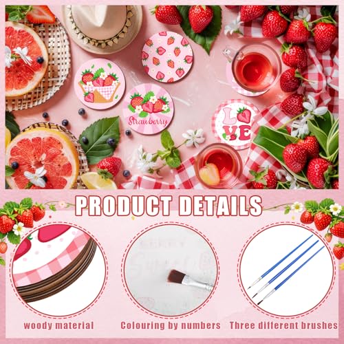 Reallnaive 8 Pcs Strawberry Paint by Numbers Kit for Adults Wooden Coasters | Mini Paint by Numbers, Tiny Pink Gnome Round Oil Painting Drink Coaster with Holder, for Small DIY Craft Birthday Gift - style: Strawberry