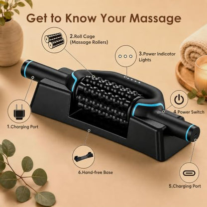 Electric Rolling Percussive Massager, Deep Tissue Muscle Roller & 6 Speeds | Rechargeable Electric Roller with Hands-Free Base for Lymphatic Massage, Back, Legs & Calves, Ideal for Muscle Recovery