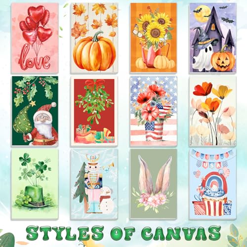 Nezyo 12 Sets Paint by Numbers 8 x 12 Inch for Adults Beginner with Wooden Frames Canvas DIY Acrylic Painting Kit Art Gift for Painting Party Sip and Paint Events for Home Decor(Festival) - style: Festival