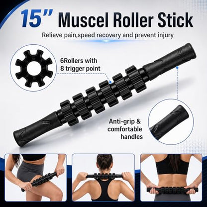 8 in 1 Foam Roller Set for Deep Tissue Muscle Massager, High-Density, Half Round Back Roller Foam, Resistance Bands Foot Massage Ball Stretching Strap for Exercise Physical Therapy