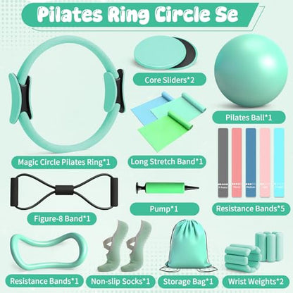 19PCS Pilates Kit, Mint Green Home Pilates Workout Kit for Women, Pilates Equipment with 14" Pilates Ring and Ball, Ankle Weights, Resistance Bands, Pilates Socks Accessories for Home Workout