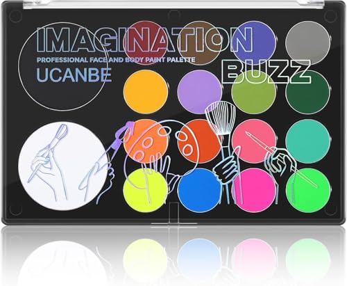 UCANBE Face Body Paint 18 Colors, Water Based Face Painting Kit with Large White Black & Neon Glow UV Facepaint SFX Makeup Palette for Halloween Party Costume Cosplay & Stage Art Make Up - color: Imagination Buzz Palette