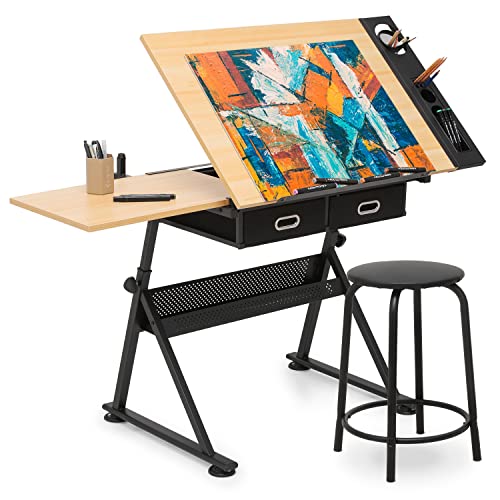 39‘’ Adjustable Drafting Table & Stool Set with Storage, Natural | Versatile Art Desk and Craft Center Home Study Room Artist Desk - color: Natural/Black