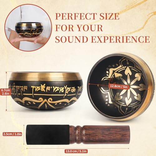 AKLOT HandMade Meditation Singing Bowl: Tibetan Sound Bowl Set with Pure Tone, Sound Bath Bowl with Cushion, Mallet, Carry Bag, Spiritual Gift for Chakra Clearing, Yoga, Prayer, Relaxation (5 Inch) - color: 5 inch Black