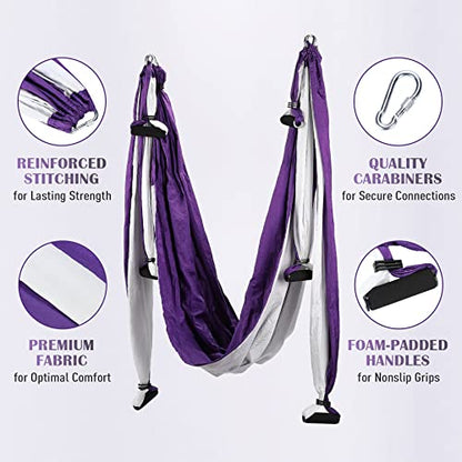 ZELUS Aerial Yoga Swing Sling Strong Yoga Hammock Kit Set Trapeze Inversion Equipment Include 2 Extensions Straps and Ceiling Mounting Kit - color: Purple