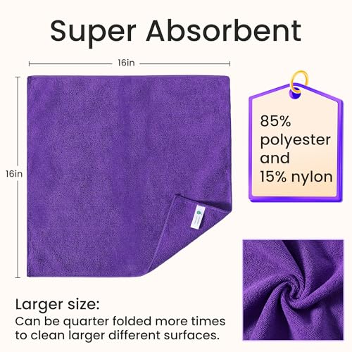 Microfiber Cleaning Cloths-12 Pack,Microfiber Towels for Cars & Kitchen,Highly Absorbent Cleaning Towel,Lint Free Streak Free Rags for House,Window,Purple,Green,Blue(16"x16") - color: Multicolor